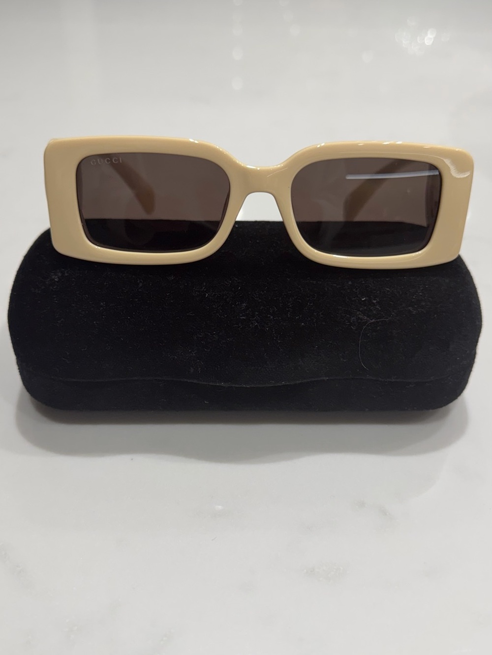 Gucci Cream Rectangular Sunglasses with Brown Lenses